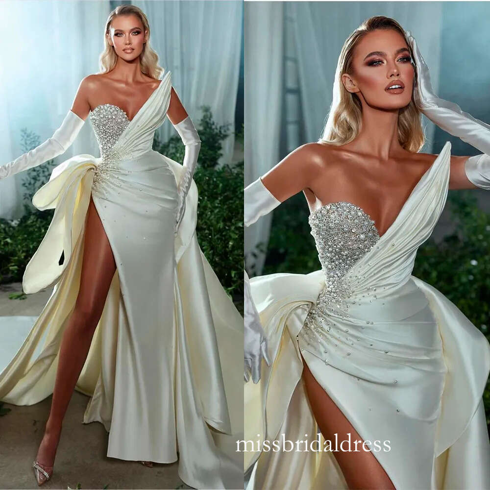 Sexy Mermaid Wedding Dress With Sleeve One Shoulder Satin Beads Bodice Split Formal Occasion Custom Made Tulle Floor-Length D0312