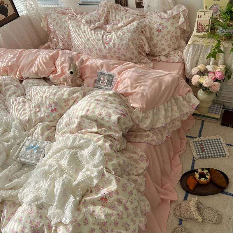 2025 New Korean Small Flower Wash Cotton Four Piece Princess Style Lace Bedding Set 4pcs bed skirt style H260312