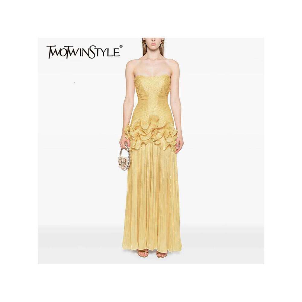 TWOTWINSTYLE Tempatement Patchwork Ruffle Slim Dress For Women Strapless High Waist Ruched Midi Elegant Dresses Female Fashion C260312
