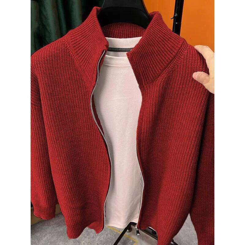 Autumn and winter versatile solid color zipper cardigan knitted popular slim fit sweater jacket men's stand up col