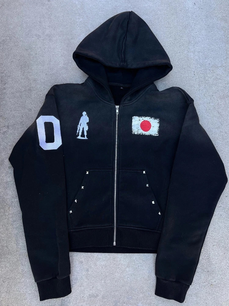 autumn and winter diamond loose plush national flag casual zipper hooded sweatshirt pants two-piece set trendy s 260311