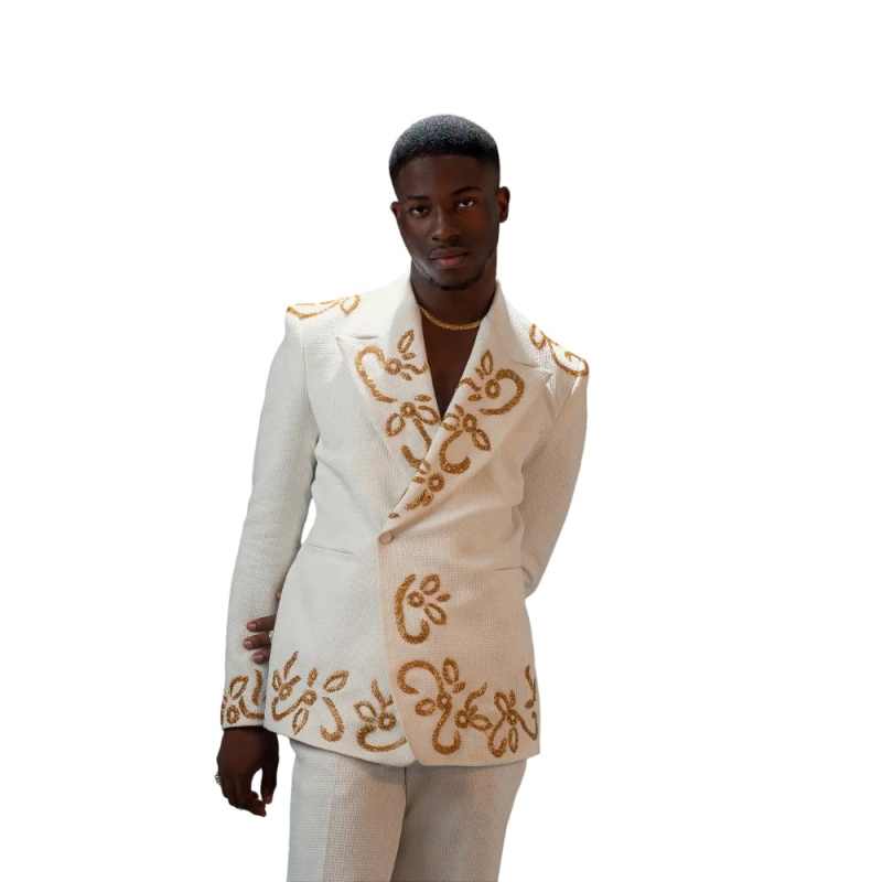 White Men Suit Set 2 Pcs Blazer+Pants Trousers Crystals Customized Spring Autumn Formal Office Jacket Wedding Tuxedos Prom Coat