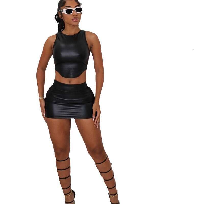 New European American Style Amazon Autumn Women's Fashion Set: PU Sleeveless Vest and Bodycon Short Skirt Set for Women