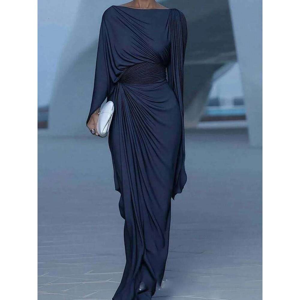 Sexy Slash Collar Pleat Slim Evening Elegant High Waist Solid Color Banquet Lady Leisure Irregular Long Sleeve Dress C260312