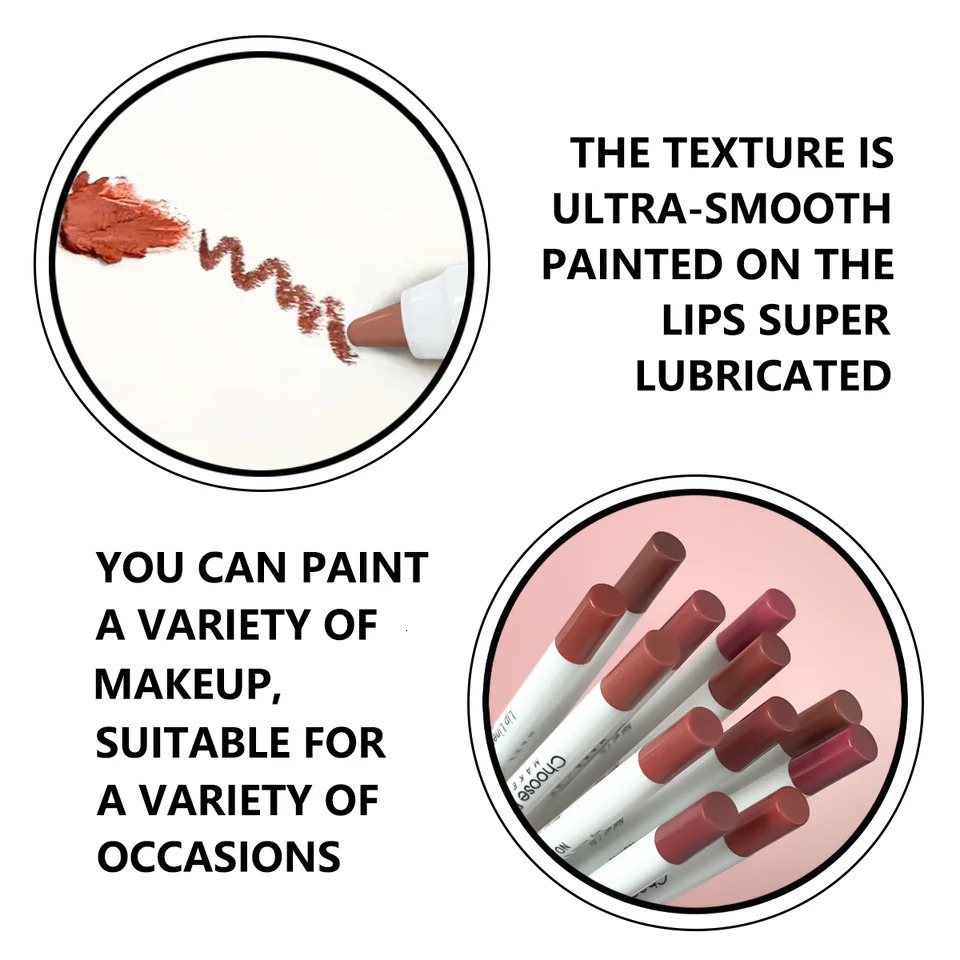 12 Colors Sexy Matte Lipstick Pencil Waterproof Lasting Lip Liner Pen Non-stick Cup Lip Contour Pencil Beauty Makeup Set 260305