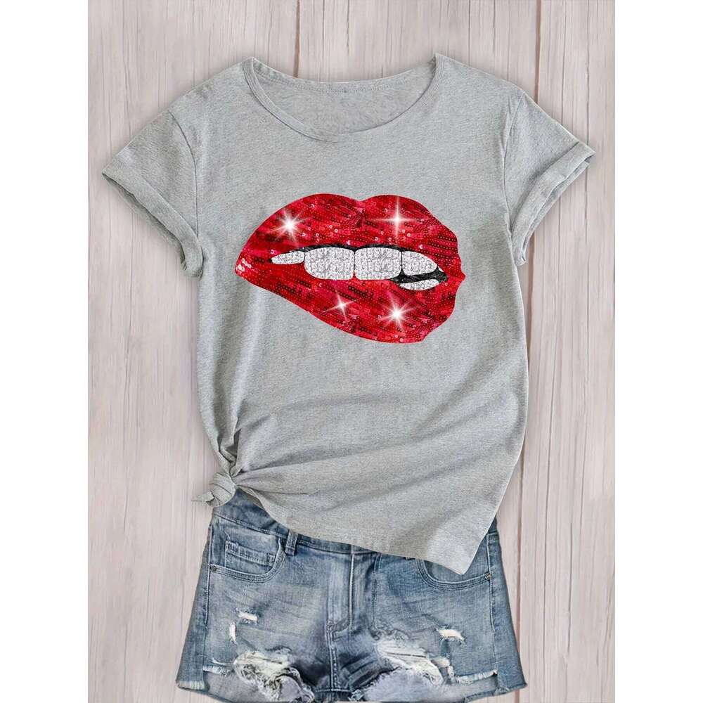 Sexy Lips Print Crew Neck Short Sleeve T-Shirt, Casual Sport Tops, Women's Clothing Z260312