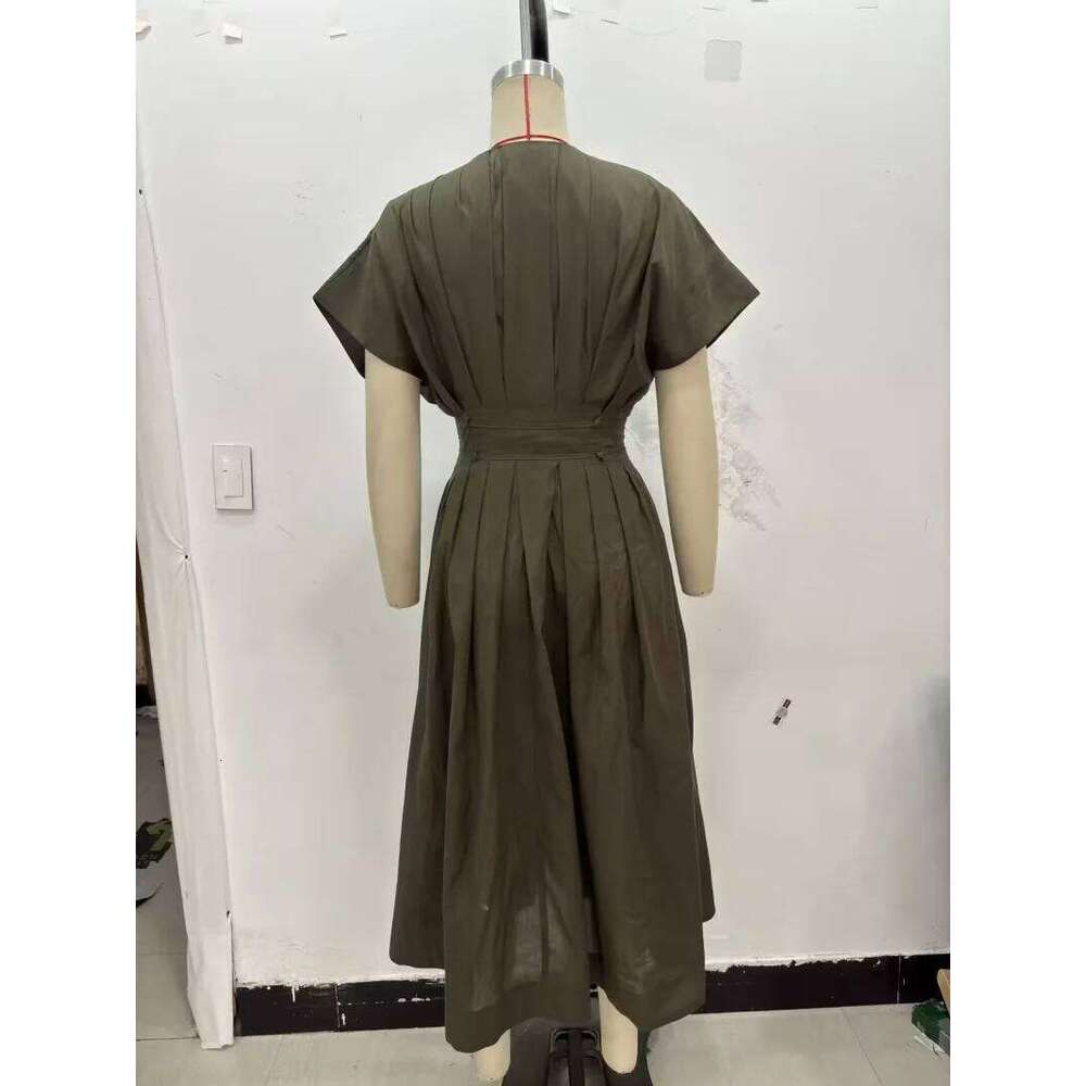 ETJ Summer 2025 women's elegant party Vintage V-neck fashion pleated lace-up MIDI poplin dress C260312