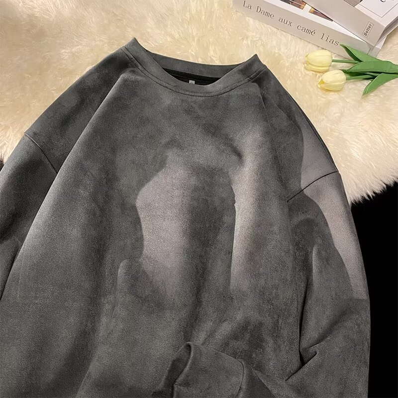 Men's Suede Sweatshirt Heavyweight High Street Style Designer Hoodie Trendy Round Neck Pullover Solid Color Sweatshirt Unisex Style Logo Jacket T