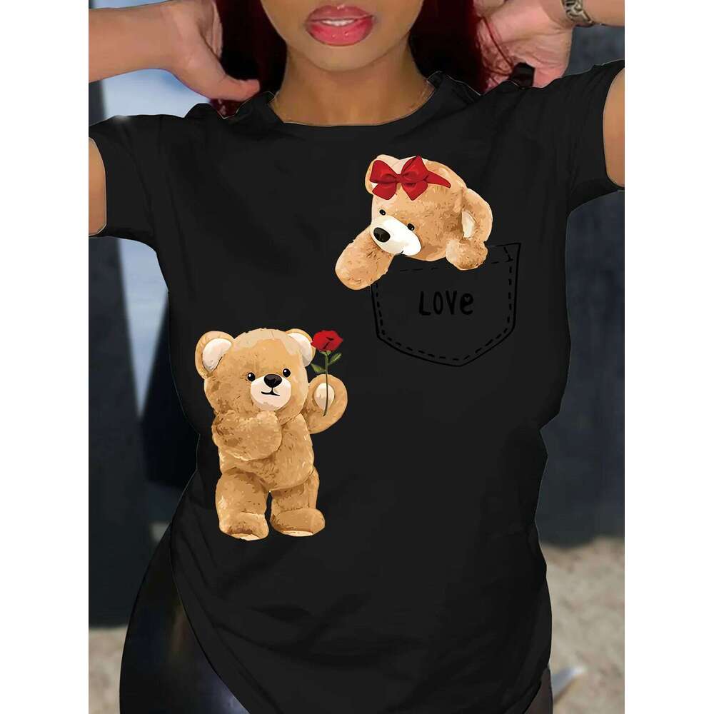 Cute Bear Print T-shirt Short Sleeve Crew Neck Top for Summer & Spring Women's Casual Female Clothing Z260312