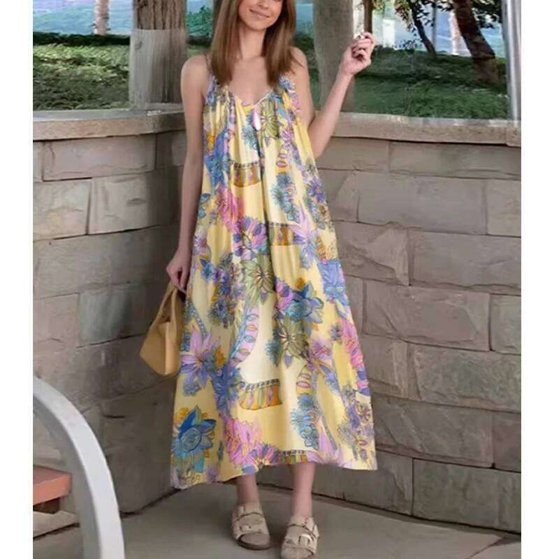 Women's 2025 New Fashion Print Loose V-neck Camisole Elegant Women Summer Travel Long Chic Youth Party Dress C260311