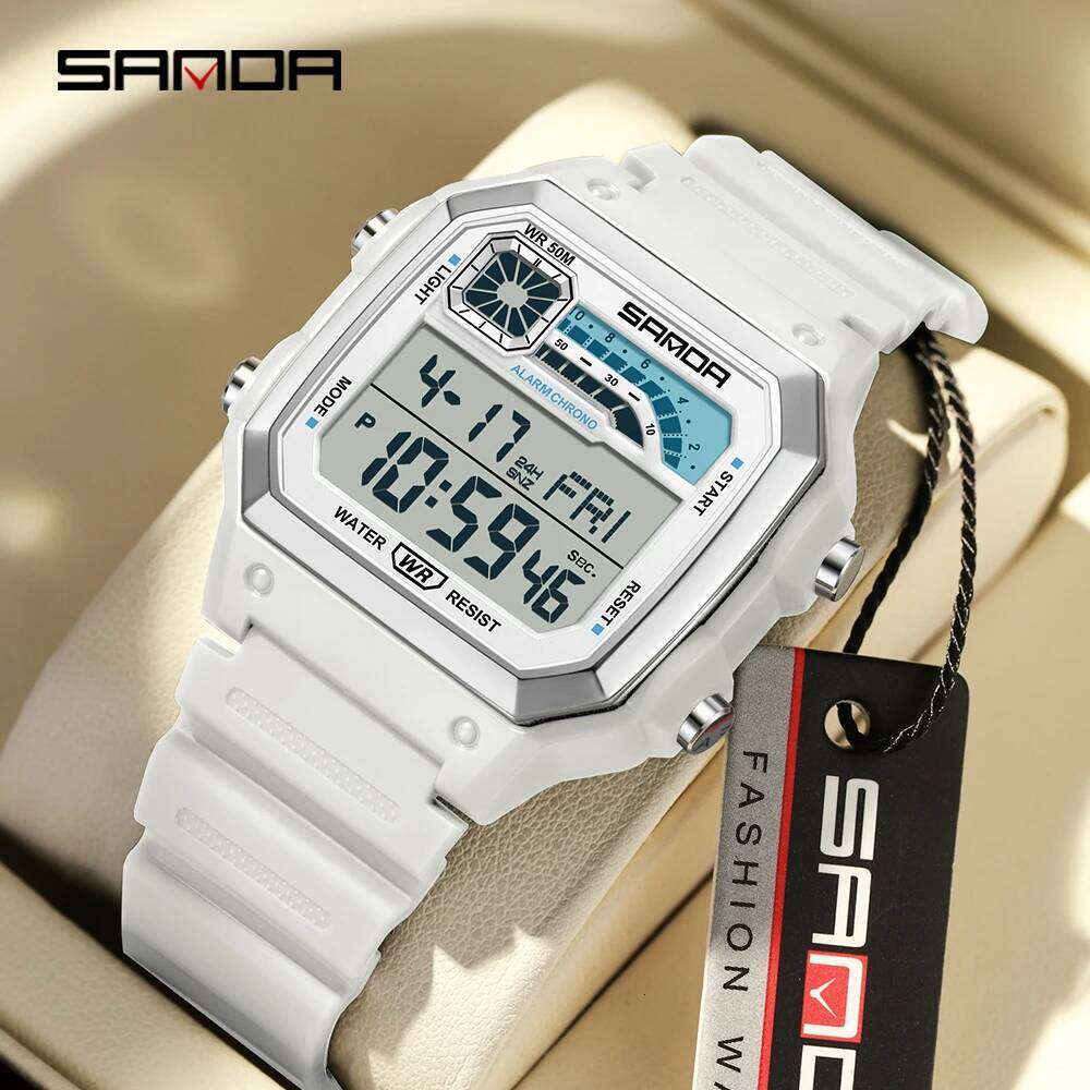 SANDA 6196 Men Electronic Watches Round Square Fashion Luminous Stainless Steel Strap Arabic Tidal Worship Male Wrist Watch