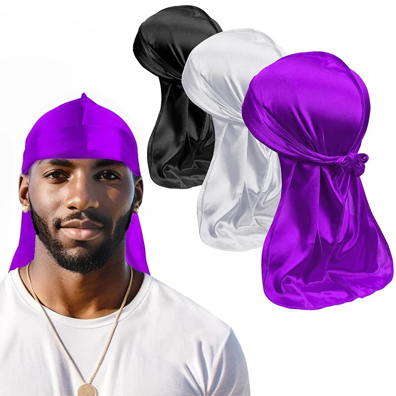3PCS/LOT Mens Silky Durag Shower Cap Bandana Satin Du Rag Doo Rag Outdoor Travel Street Long Tail Wave Cap Bathroom Accessories 260304