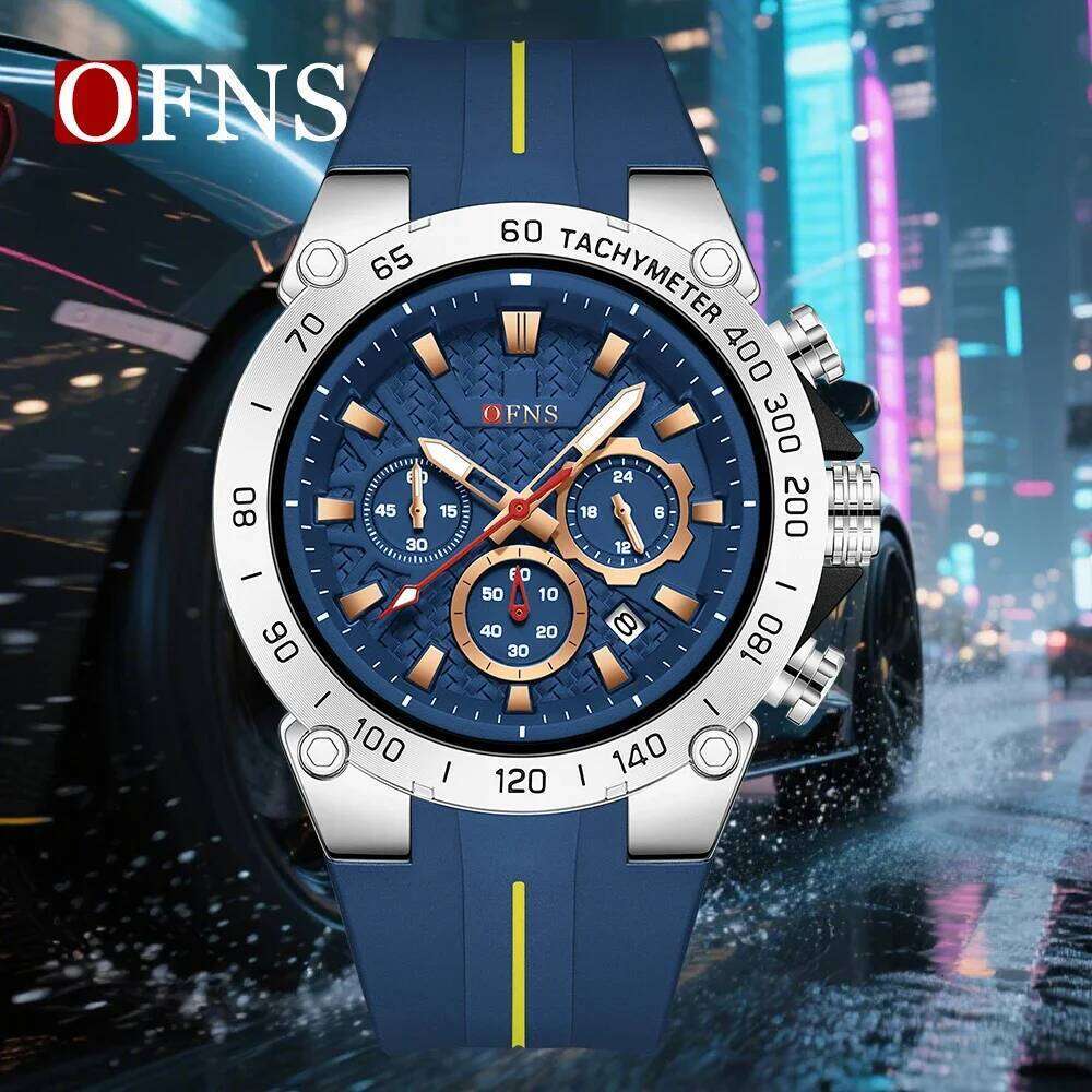 OFNS 1207 Men's Sports Three Eyes Six Needles Multi functional Luminous 5ATM Waterproof and Drop resistant Student Watch