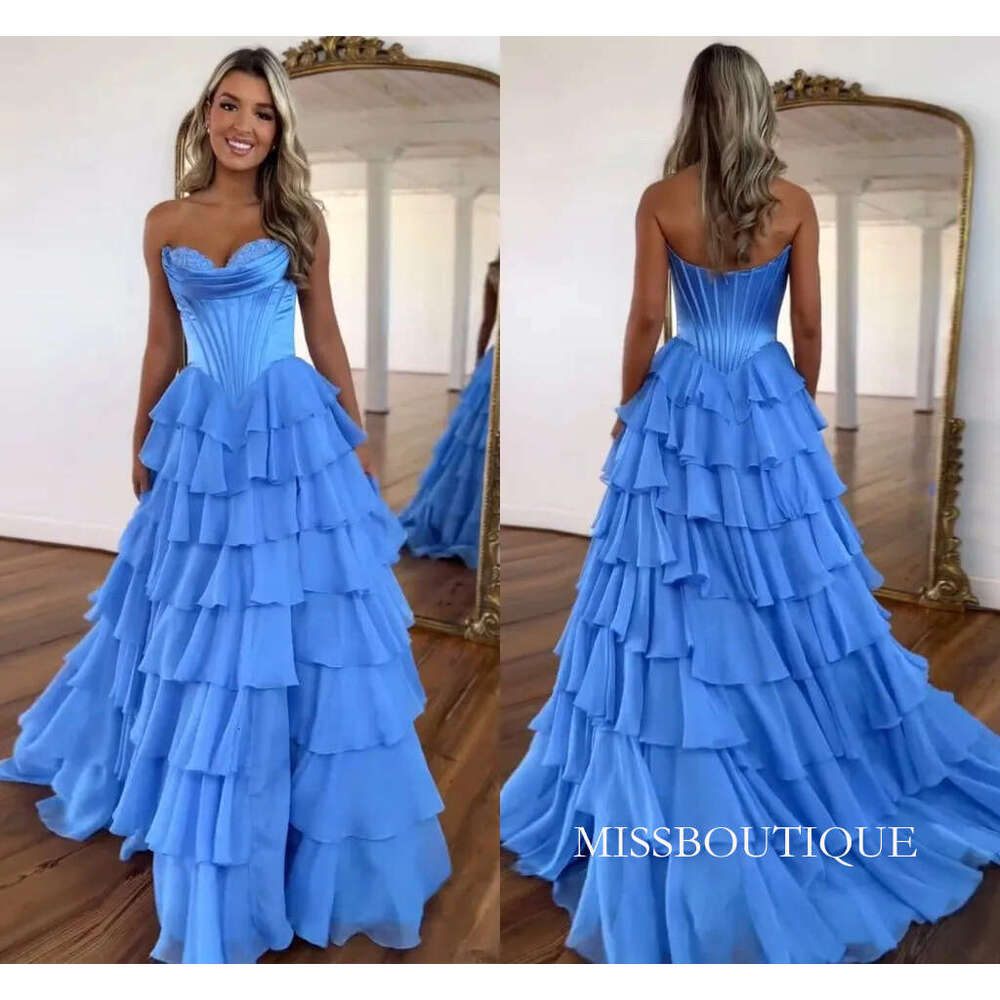 Fantacy Blue Chiffon Mermaid Prom Dresses Sexy Backless Sweetheart Tier Ruffles Long Evening Gowns Women Special Occasion Wears Bc20014 B0312