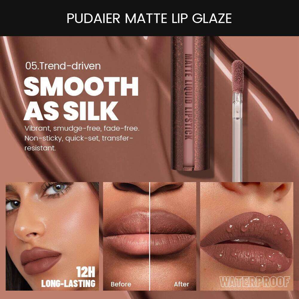 Pudaier Velvet Matte Liquid Lipstick Waterproof & Transfer-Proof Gloss Long Lasting Lip Stain 5 Shades | Kiss Proof, N W260311