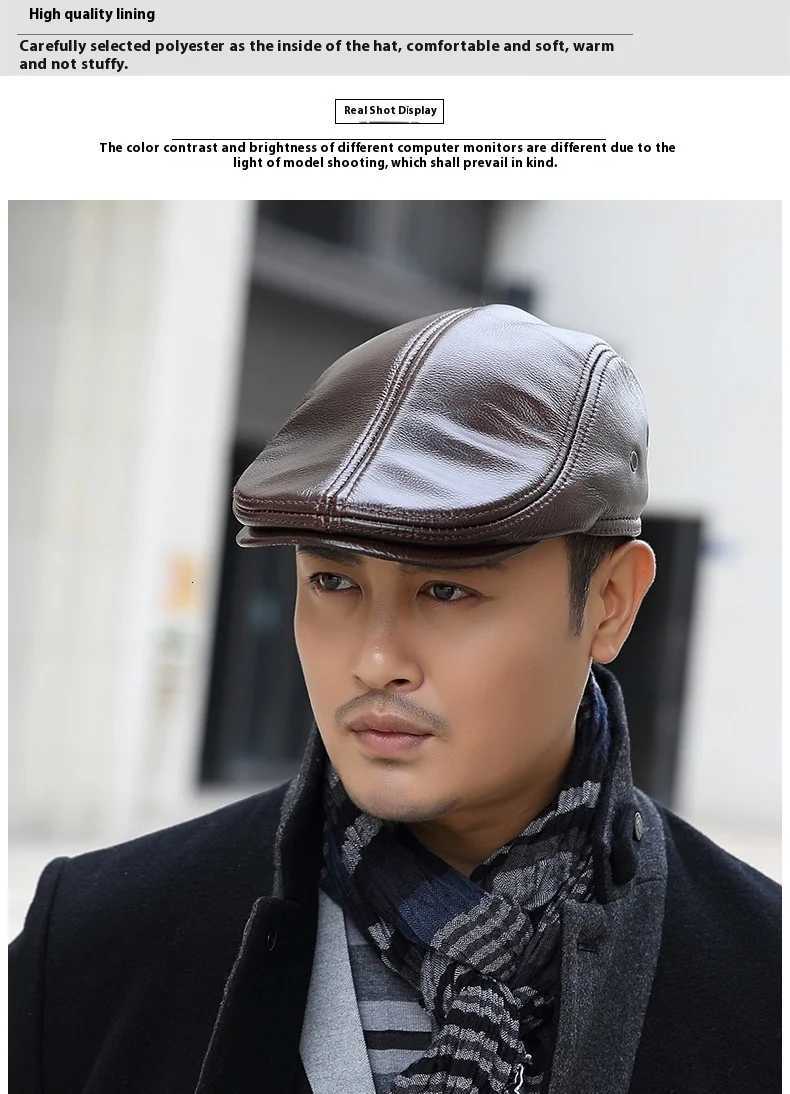 2025 Genuine Leather Beret Hat for Men Warm Windproof Winter Cap Fashion Gentleman Peaked Cap Vintage Stylish Driver Hat Gift H260312 - view 3