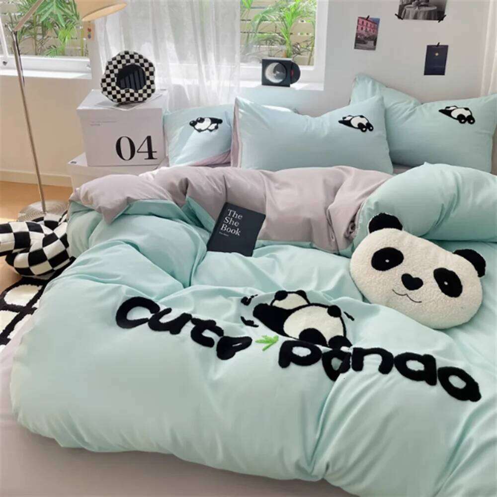 Washed Panda Thickened Woolen Beddinng Non All Cotton Quilt Cover Set Bedding Products Bed Sheet H260312