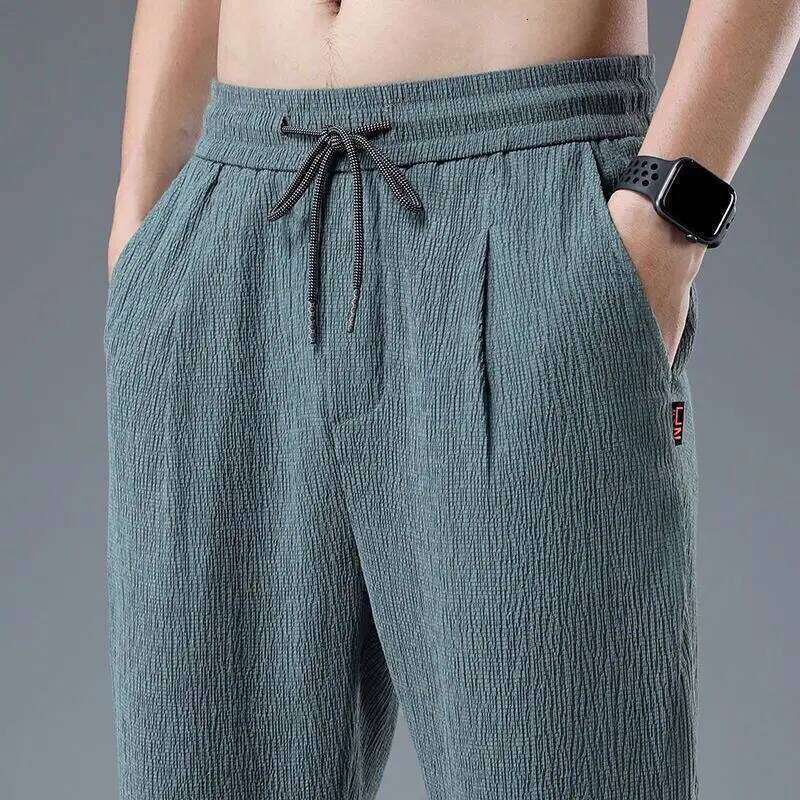 Ice Silk Man Jogger Linen Pants Casual Wide Summer Sweatpants Male Spring Lightweight Halking Harem Trousers