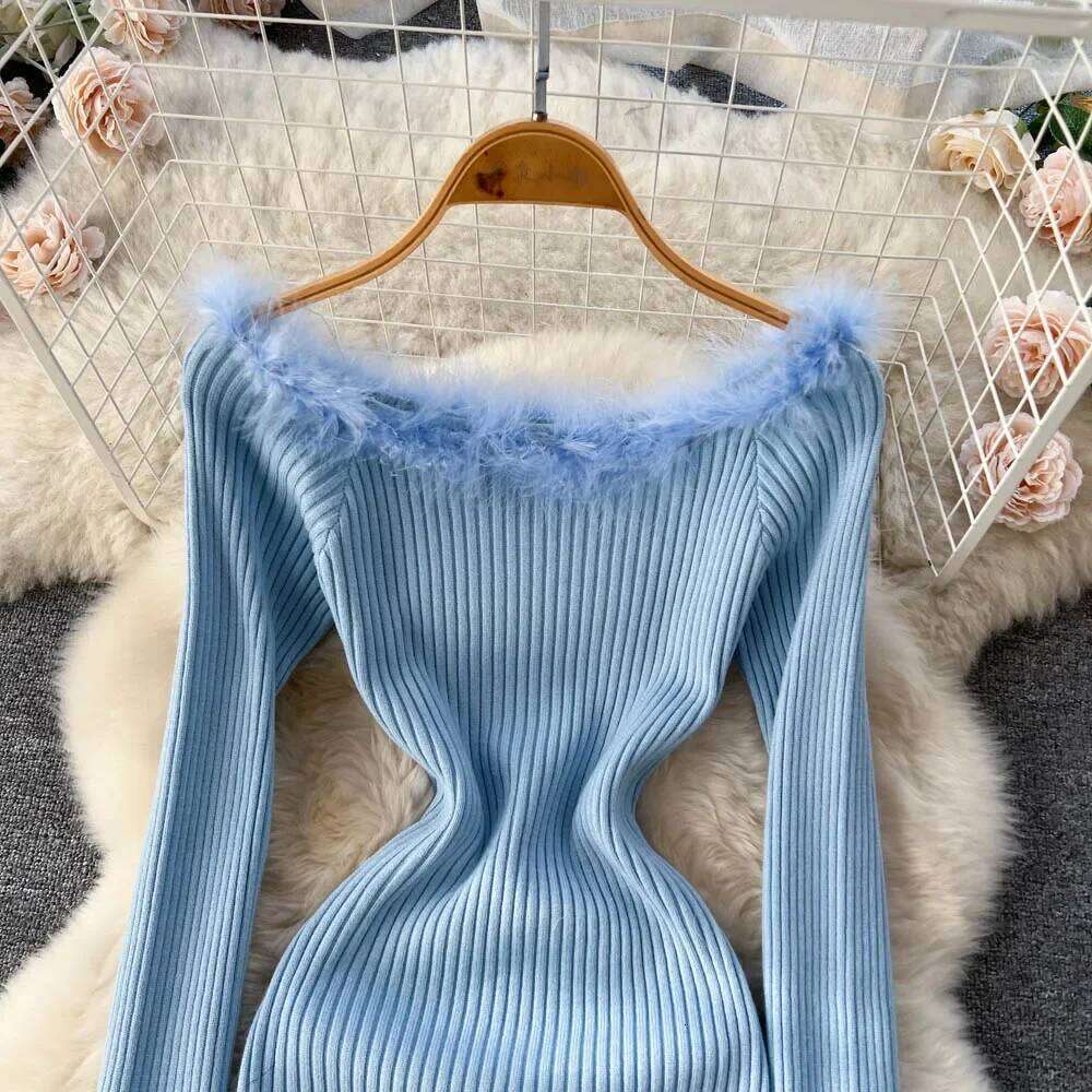 Skash Neck Strecth Solid Sexy Sweater 2026 Women Sleeve Midi Long Autumn Streetwear Knitted Bodycon Dress C260312