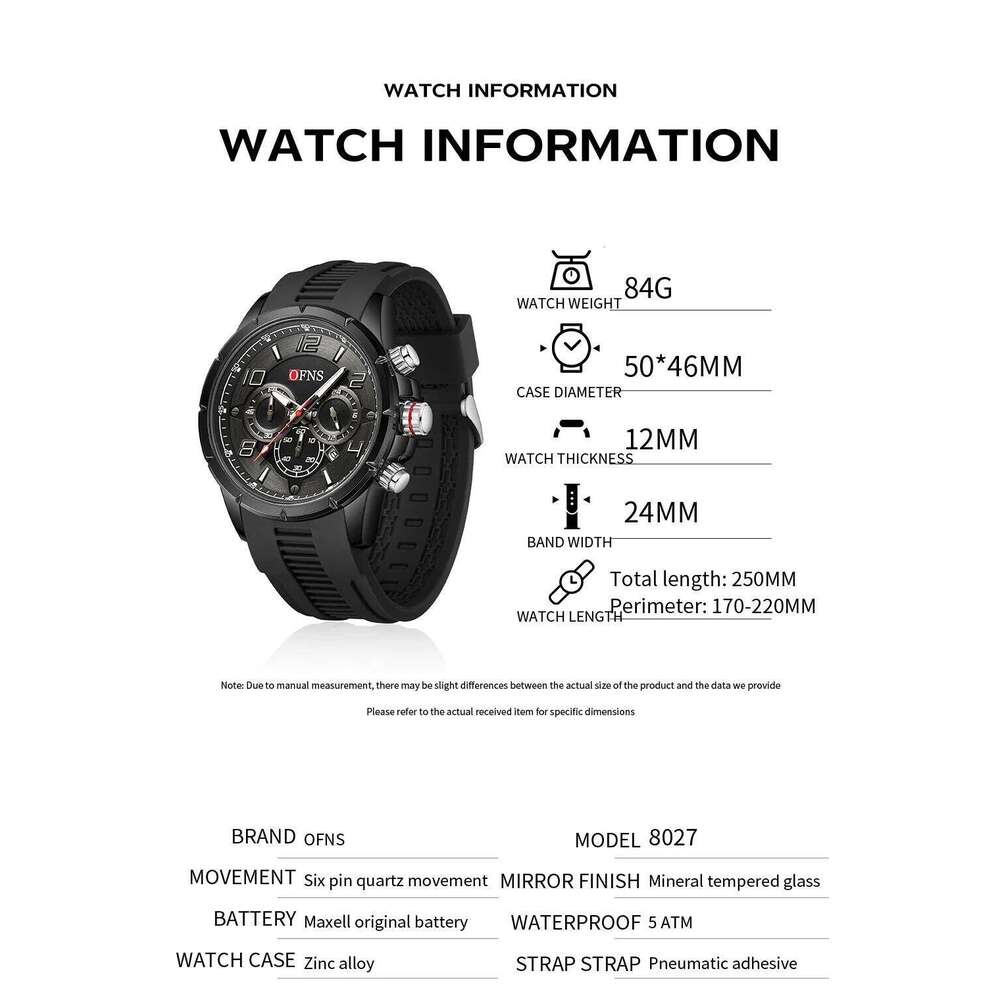 OFNS 8027 Fashion Quartz Watch Men Calendar Business Multifunction Chronograph Wristwatch Waterproof Luminous Sport Watche Male