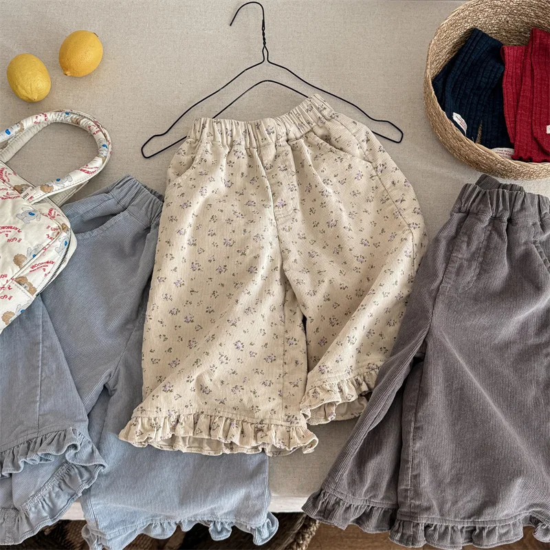 deer jonmi 2026 Spring Baby Girls Wide Leg Pants Floral Printed Korean Style Corduroy Ruffles Toddlers Kids Casual Trousers 260311