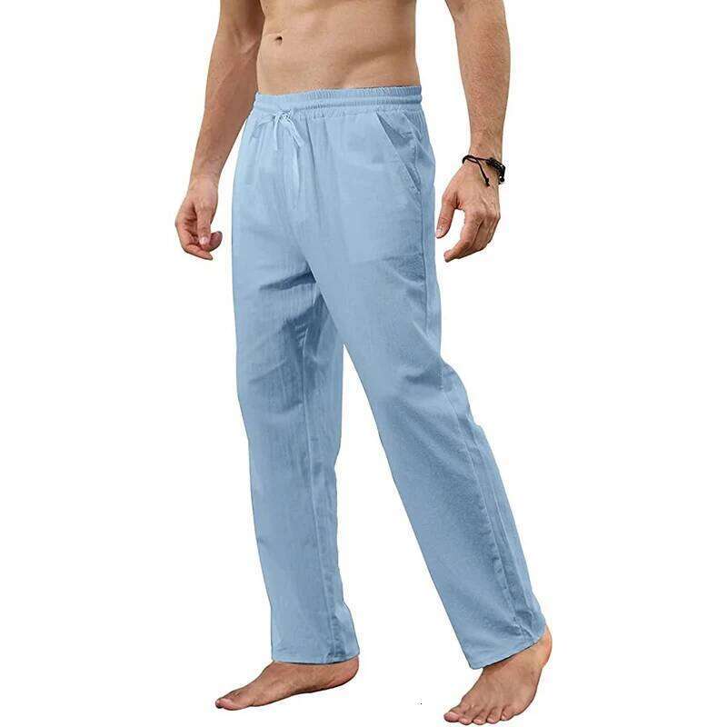 Men's Cotton Linen Loose Breathable Casual Solid Color Long Pants Large Size Streetwear Fitness Lightweight Yoga Trousers