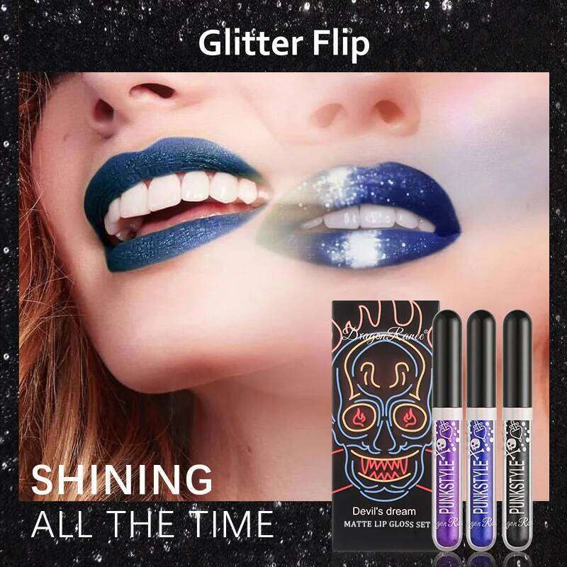 Halloween Gloss Set, 3-Piece Non-Stick Shiny Lipstick, Glittery Purple and Black Lip Colors, Long-Lasting, Non-Transfer W260311