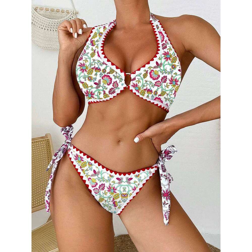 2025 Halter String Ring Link Bikini Women Printed Swimwear Female Floral Swimsuit Bathers Bathing Swimming Suit Beachwear Summer Y260303