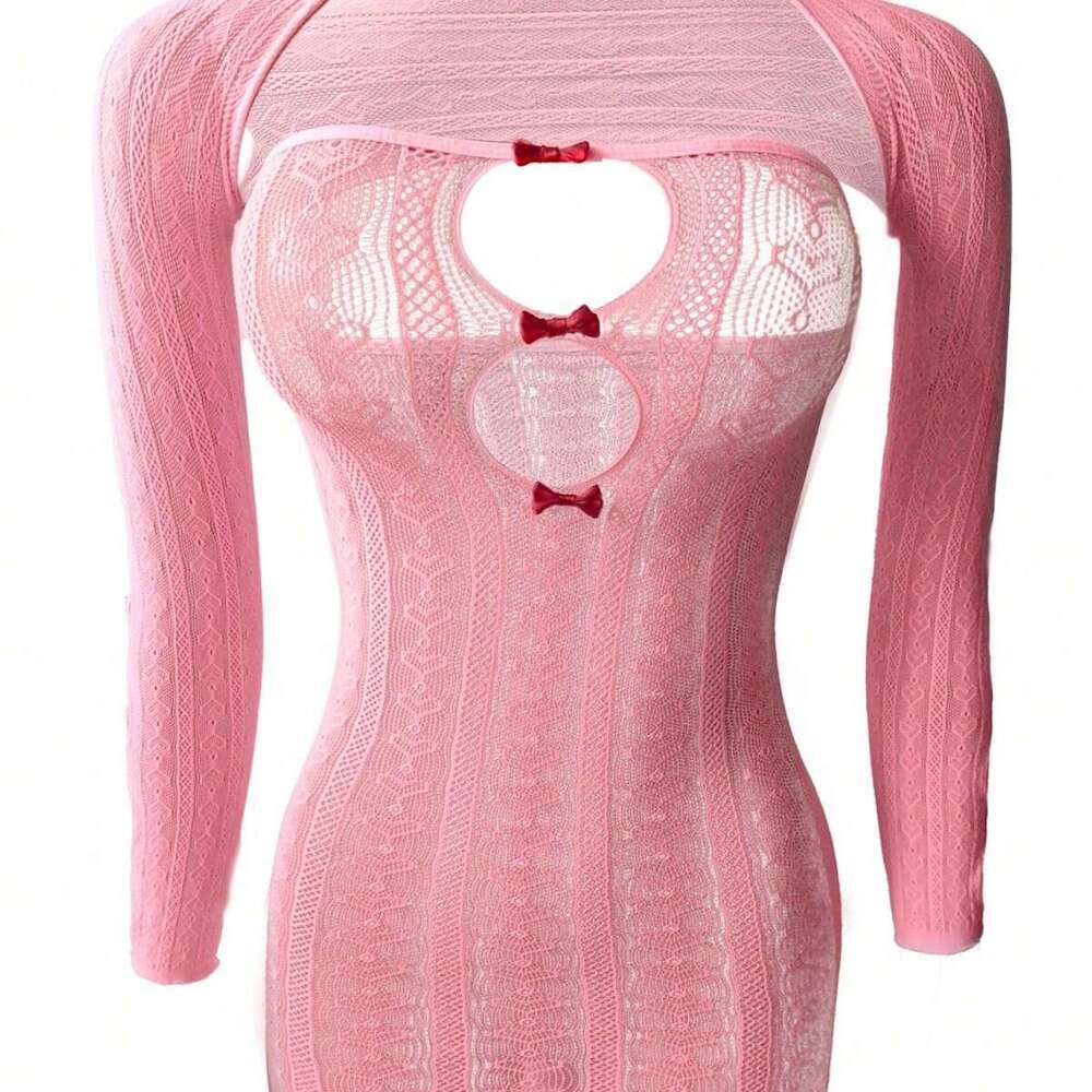 Women Pink Knitted Bodycon Dress with Detachable Sleeves Sexy Cut-Out Design with Red Bows for Party, Cosplay, or Romantic Wear