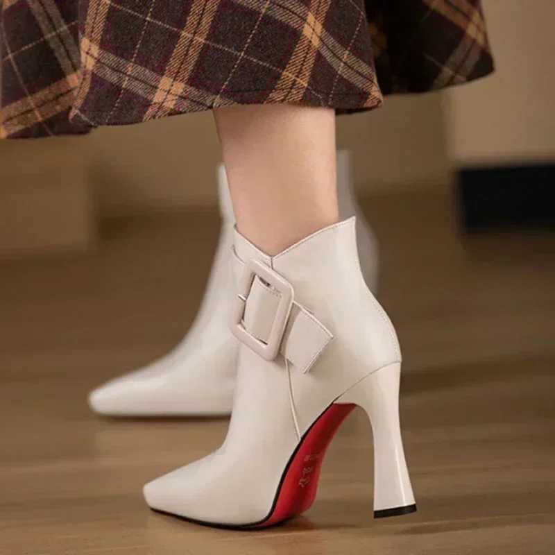 Womens Elegant High Heels Ankle Boots 2025 Spring Belt Buckle Pu Leather Short Boots Woman Plus Size 43 Thin Heeled Party Shoes S260312