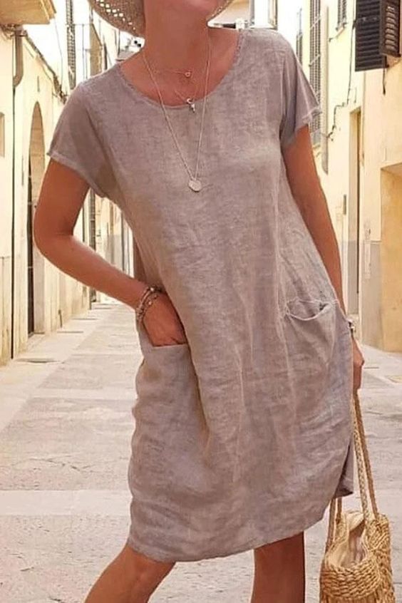 2023 New Summer Loose Solid Color Pocket Short Sleeve Round Neck Cotton Linen Dress for Women