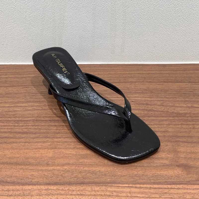SUOJIALUN 2025 Summer New Women Slipper Fashion Narrow Band Slip On Flip Flop Shoes Square Med Heel Dress Slides Shoes K260312