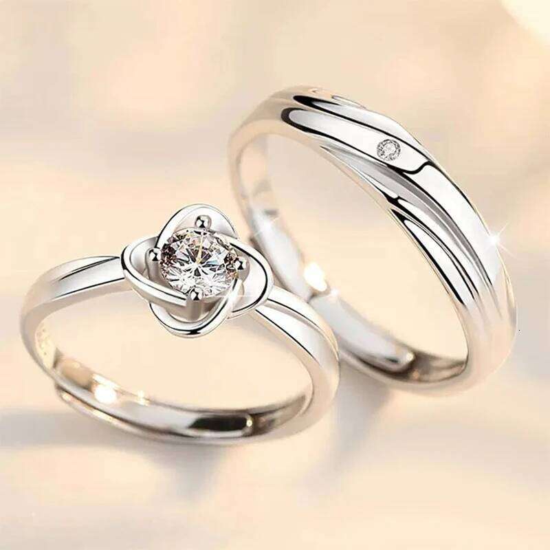 Couple's Four-Leaf Clover Rings Open Finger Silver Wedding Bands Custom Valentine's Day Gift Lucky Birthday Jewelry W260311