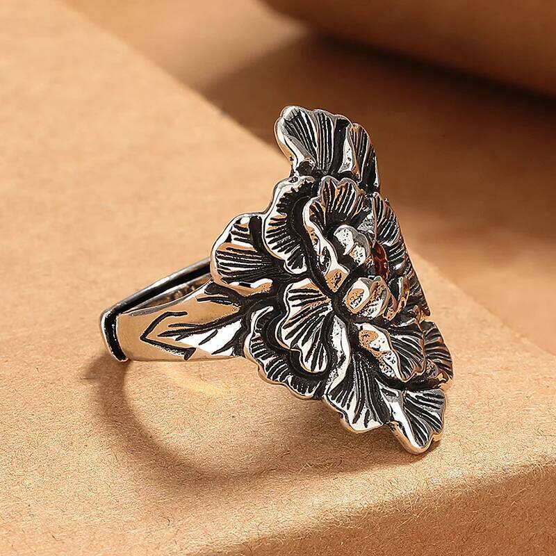 Buyee 925 Sterling Silver Big Finger Excellent Peony Flower Open Ring for Woman Fashion Exaggeration Fine Jewelry Circle H260312