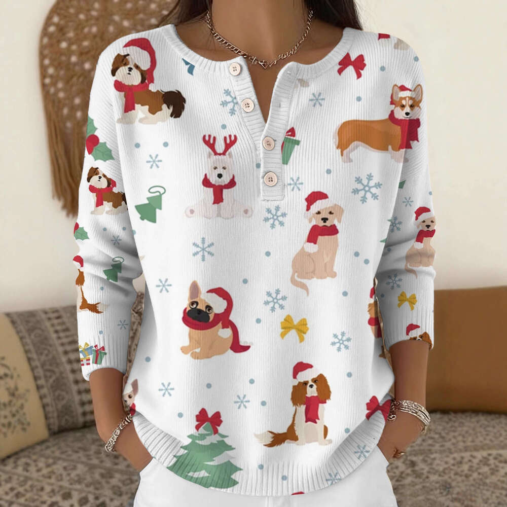 2026 New Christmas Autumn/winter European Print Women's Shoulder Down Cardigan Sweater
