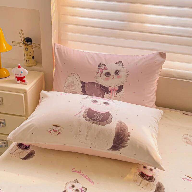 Cute Pink Cartoon Cat Towel Embroidery Girls Kids Bedding Soft Washed Cotton Duvet Covers Set Bed Sheet Pillowcases 3/4Pcs H260312