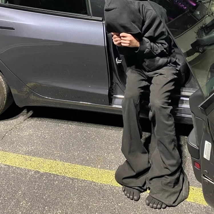 Men's Jeans Mainline Dark Aesthetic High Stretch Floor-Length Pure Black Brushed Denim Jeans Wide Leg Flared Pants Slim Fit Trendy Streetwear
