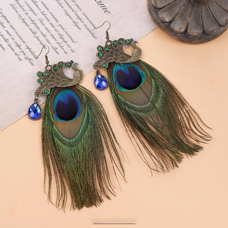 Unique Feather Earrings Peacock Feathers Vintage Exaggerate Boho Trendy Women Statement Jewelry 2024 260309