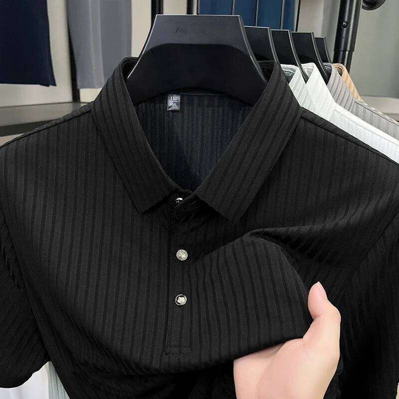 New Men's Casual Fashion Striped Short Sleeved Collar Polo Shirt Breathable and Comfortable Summer Versatile T-shirt 26H0312