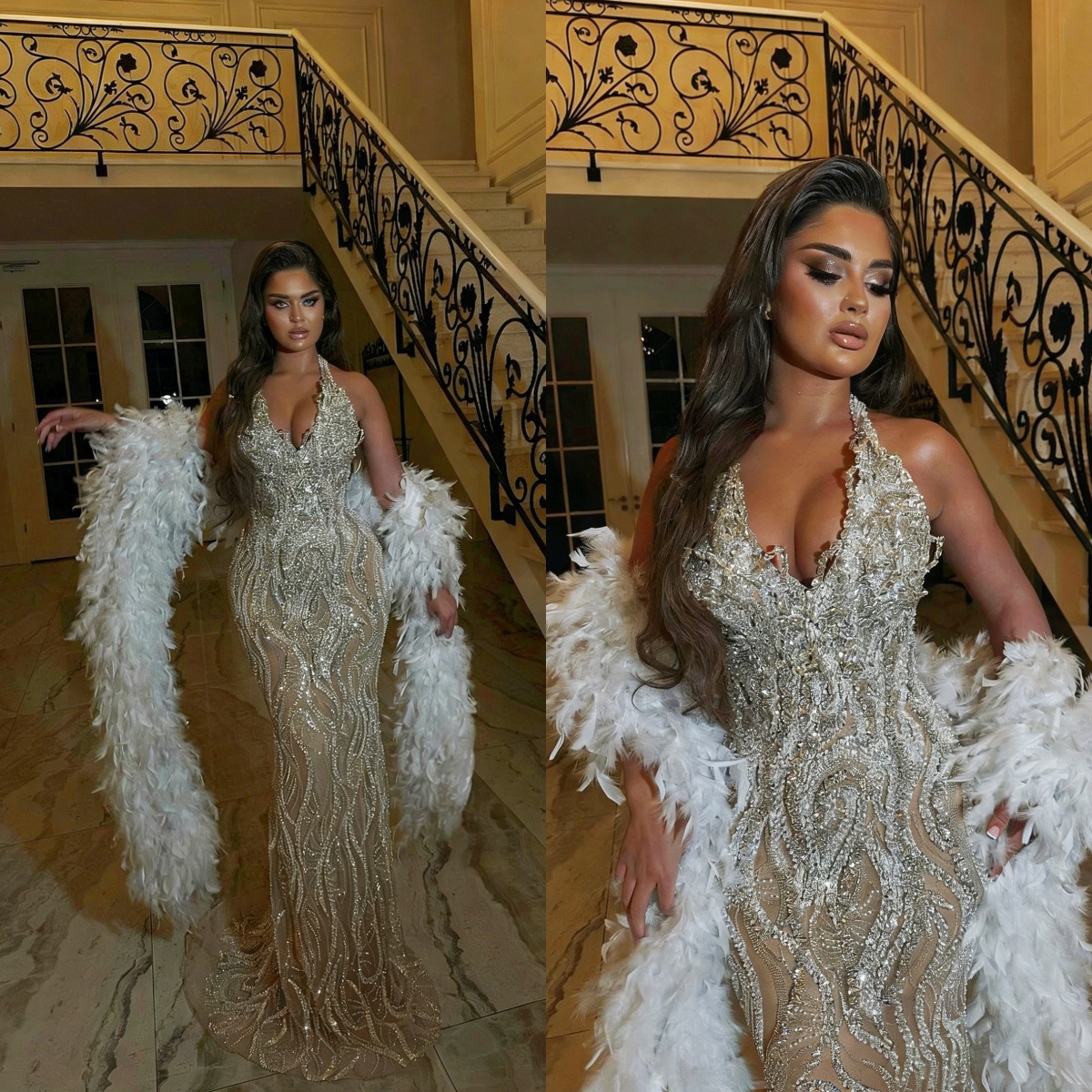 Gorgeous Evening Dresses For Women Halter Neck Sleeveless Wrap Gown Sequins Feather Floor Length Dress Party Customized Dress