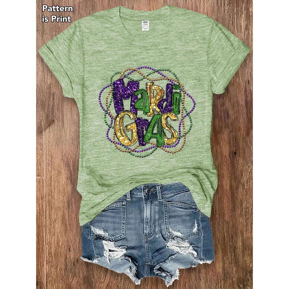 Women Mardi Gras T-Shirt Purple Green Gold Text Summer Short Sleeve Tee Casual Festival Party Gift Top Multi Colors Available Z260312