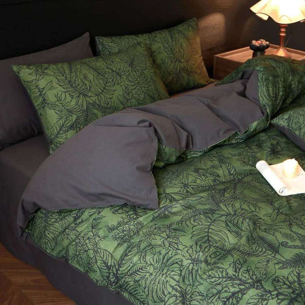 Linen Sheets French-style Retro Pure Cotton Brushed Four-piece Set Bedding Bed Sheet Green Duvet Cover H260312