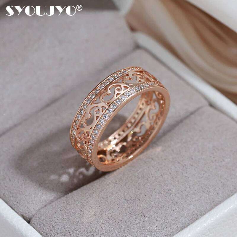 SYOUJYO Vintage Openwork 585 Rose Gold Color Women's Exquisite Fashion Jewelry Natural Zirconia Full Pave Setting Ring H260312