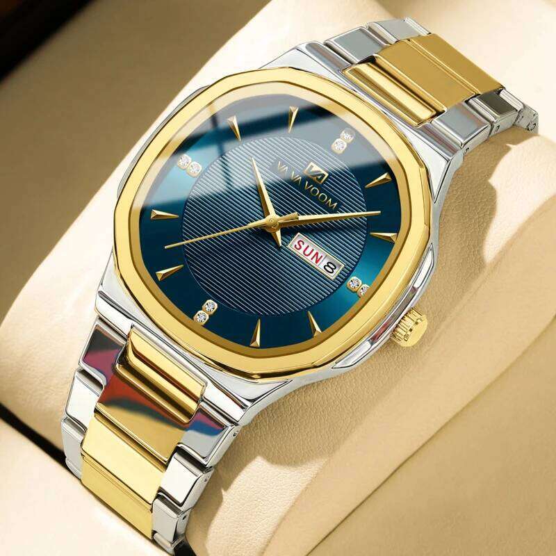 VA VOOM Brand Men Stainless Steel Watch Fashion Rhinestone Quartz Movement Classic Clock Gorgeous Watches Relogios Masculino