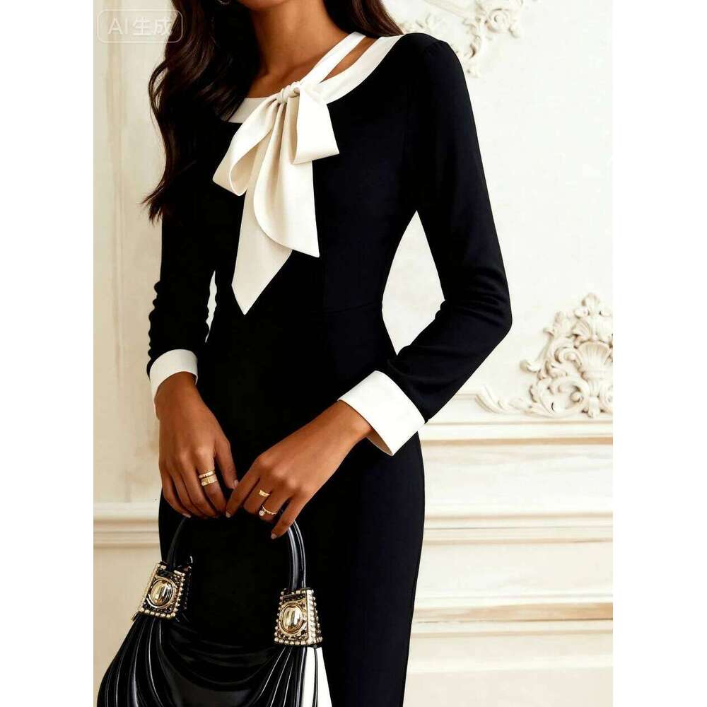Women's Autumn Professional Elegance Bow Tie Color-blocked Career Dress Goddess Style Tailored Fit C260311