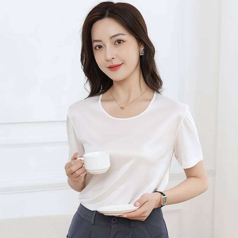 Summer High-End Women's Short Sleeve T-Shirt Acetate Fabric Knitted European Style Thin Hot Selling Top For Ladies MAKOUFEI