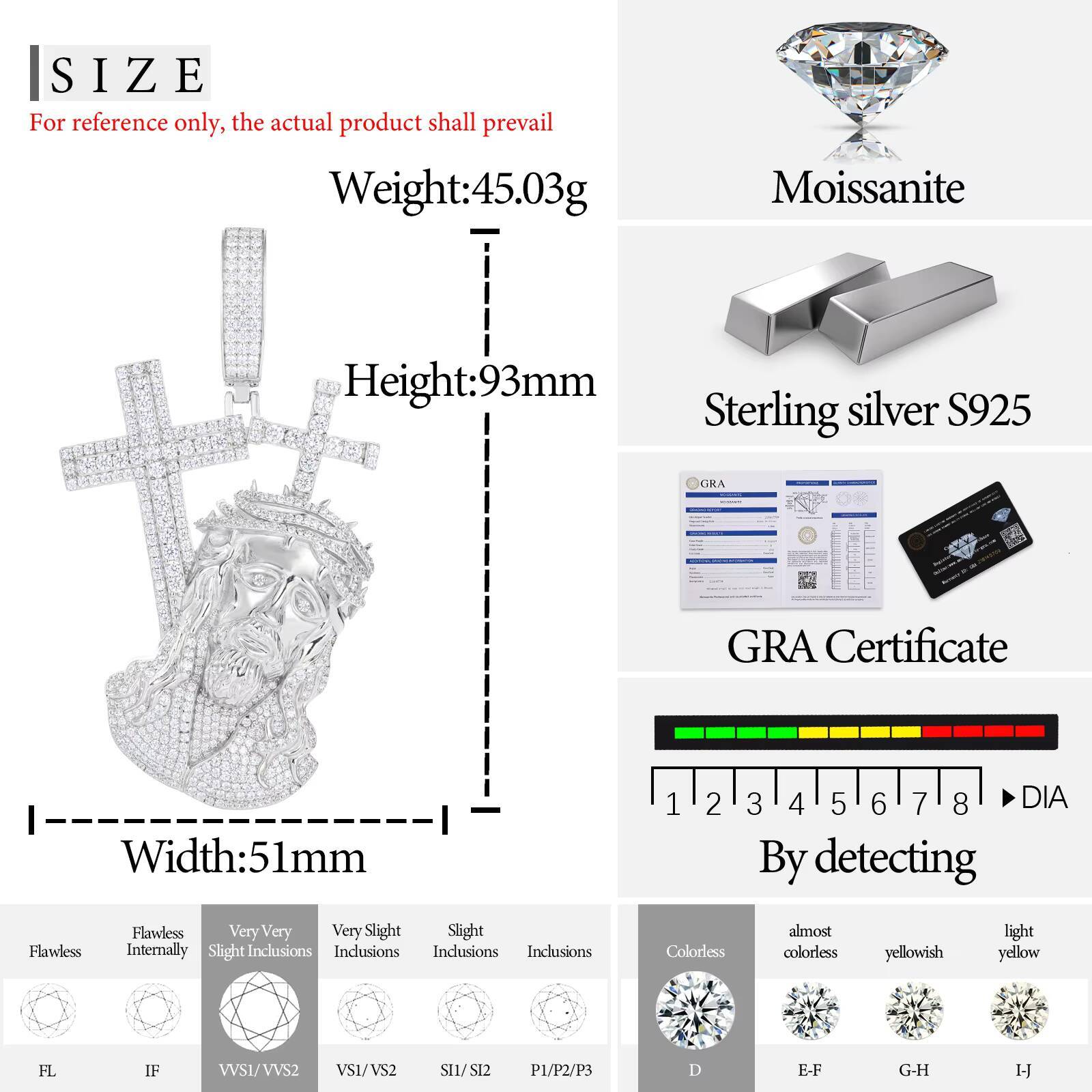 Religious Hip Hop Jewelry Men 925 Sterling Silver Vvs Moissanite Diamond Iced Out Jesus Head Pendant With Cross