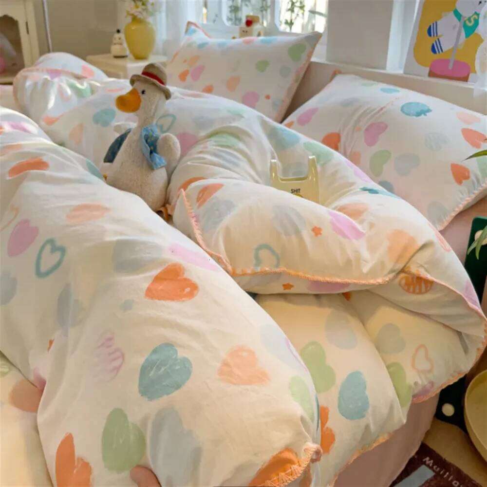 Sausa Dog Heart Cherry Quilt Double layer Yarn Four Pink Washed Cotton Bed Single Dormitory Simple Three piece Set H260312