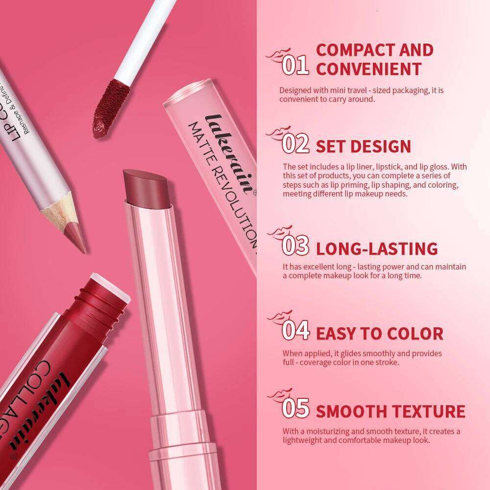 Lakerain 3pcs Makeup Mirror Effect Smooth High Color Rendering Long Lasting Hydration Liner Lip Gloss Lipstick Set W260311