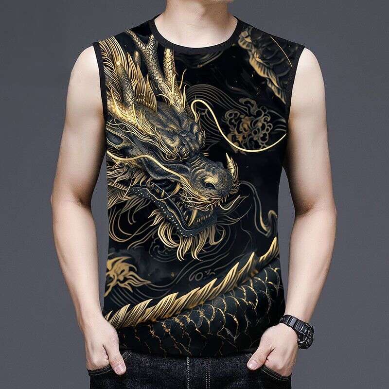 20206 Summer for men, vest with dragon pattern, casual sports thin men's clothing, trendy sleeveless T-shirt
